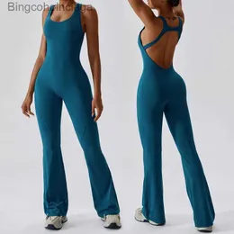 Set attivi Donna Tuta da palestra Tinta unita Elastico Costume intero da yoga Traspirante Svasato Allenamento Danza Abbigliamento sportivo Fe Abbigliamento casualL231007