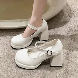 Klänningskor High Heel's Wedding Shoes French Line With Mary Jane Waterproof Platform Thick Heel Beige White Temperament 231006