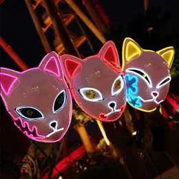 Máscaras de fiesta Demon Slayer Glowing EL Wire Mask Kimetsu No Yaiba Personajes Cosplay Accesorios de disfraces Anime japonés Fox Halloween Máscara LED Q231009