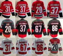 Maglia Hockey Uomo 31 Frederik Andersen Reverse Retro 86 Teuvo Teravainen 37 Andrei Svechnikov 20 Sebastian Aho Stitching Team Nero Rosso Bianco 25° Anniversario