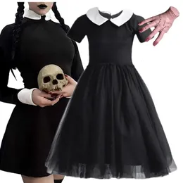 Girl's Dresses Wednesday Addams Dress for Girl 3 10 år Halloween Cosplay Costume Gothic Black Mesh Girls Kids Daily Casual Outfits 231007