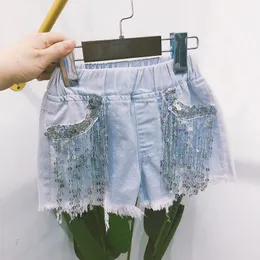 Shorts Summer girls shorts baby denim kids children bottoms streetwear fashion bling silver sequin tassel 3 to 9 yrs 231007