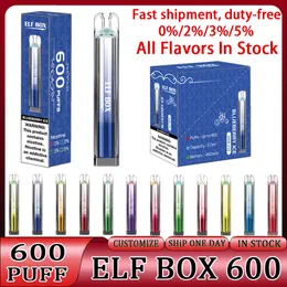 오리지널 엘프 박스 600 퍼프 일회용품 vapes 펜 퍼프 600 전자 담배 2ML 450 MAH 포드 메쉬 코일 충전식 공기 조정 가능 0% 2% 3% 5% 장치