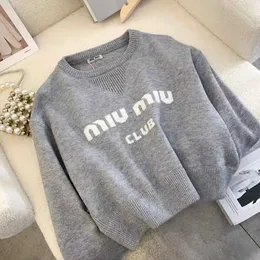 MIU Family 2023 Autumn New Round Neck Letter Jacquard Elastic Knitted Short Sleeve Top Bottom Shirt Women