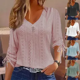 Women's TShirt New Solid Long Sleeve Shirt AutumnWinter Jacquard Button VNeck Tees Casual Loose Tshirt Tops For Women SXL