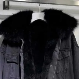 Women's Fur Faux Fur Large fur collar denim jacket women's short 2023 winter new versatile Korean version loose plus velvet thickened cotton coatL231007