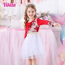 Girl's Dresses Vikita Christmas Dress for Kids Girls Year Xmas Festival Gift Princess Elegant Mesh Red Paljetter 3 8 år 231007