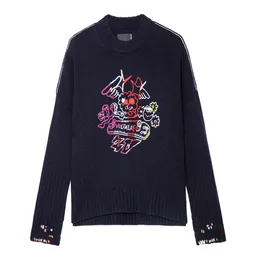 ウールカーディガン23aw Zadig Voltaireデザイナーファッションセーター新しいニットハンドメイドクロシェの刺繍入りウールの女性プルオーバーウールトップスニットジャケット