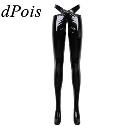 Womens Wetlook Patent Leather Crotchless Sexy Lingerie Open Crotch Trousers Erotic Pants With Waistband Night Roleplay Nightwear W198f
