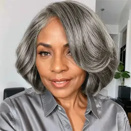 Short Bob Salt And Peppe Glueless 13x1 T right side part Frontal Lace Closure Wig Natural Wave Gray Brazilian Human Hair Lace Wig For Black Women