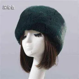 Dark Green Flat Roof Fluffy Snow New Year Winter Plush Thick Fur Hat Faux Fox Furry Cap Head Warmer Outdoor Hats Women Girl Men Y2260M