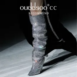 Boots Ods Sexy Brand Luxury Bling Silver Crystal Knee High Chunky Womens Designer Stacked Cowboy Boots Rhinestone Glitter Shoes 414243 231007