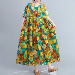 여름 패션 지방 MM200 kg 플러스 지방 플러스 크기 단락 둥근 목 목 프린트 느슨한 캐주얼 문학 드레스 여성 210527320L