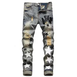 Ripped Patch Men Jeans Fashion Retro Blue Distressed Stretch Slim Fit Pants All-match Denim Trousers Pantalons Pour Hommes291N