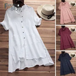 5x Big Size Dresses Summer Cotton Linen Shirt Women knäppas upp Långa kvinnors tunikablus Löst kort ärm Solid Oregelbundet Y22362