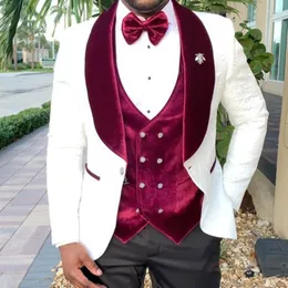Men's Suits 2023 Custom Made Men White/Burgundy/Black Groom Shawl Lapel Groomsmen 3 Pieces Set ( Jacket Pants Vest )