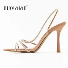 Sukienka buty 2023 Kobiety Summer Slingback Pumps Office dama przezroczyste sandały na obcasie eleganckie spiczaste palce samice seksowne wysokie obcasy 231006