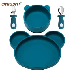 Copos Pratos Utensílios 4 PCS Bebê Macio Silicone Otário Tigela Placa Copo Babadores Colher Garfo Conjuntos de Talheres Antiderrapantes Pratos de Alimentação Infantil BPA Livre 231007