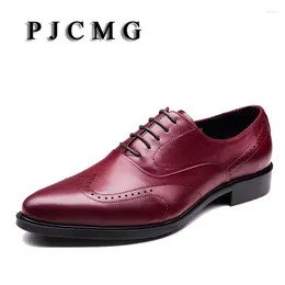 Dress Shoes PJCMG Breathable Mens Business Lace-Up Black/Wine Red Formal Genuine Leather Wedding Oxfords Office