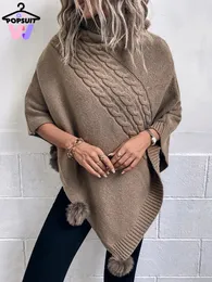 Scarves In Women Poncho Sweater Vintage Solid Coarse Line Stripes Turtleneck Bat Wing Sleeve Fuzz Ball Knitwear Holiday Cape Ponczo 231007