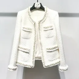 Women's Jackets White tweed women jacket Hand-made beads spring autumn winter woolen coat Wool classic jacket Ladies 231007