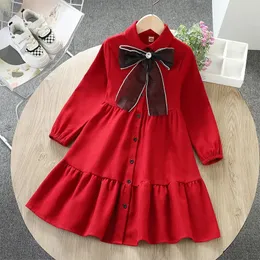 Flickans klänningar Autumn Retro Bow with Crystal Girls Princess Dress Cotton Teenager Casual Layered Tyg Baby Clothers Toddler 12 Year 231007