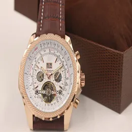 2014 New Fashion Brown Leather Band 1884 Mens Watch Tourbillion Gold Stainless Steel Luxury Man Watches273K