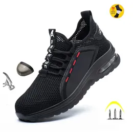 Botas sapatos de trabalho oco respirável aço toe botas de segurança leve sapatos de trabalho anti-escorregadio para homens mulheres masculino trabalho sneaker 231007