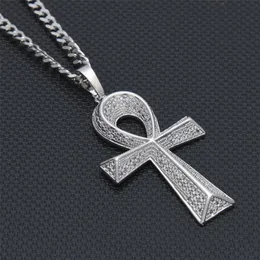 Iced Out Zircon Ankh Key Pendant Golden Jewelry CZ Cross Egyptian Key of Life Pendant Hip Hop Necklace For Men Women251p