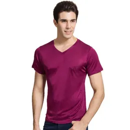 100% Real Silk Man's T -koszule krótkie rękawie V Neck Man dziki czarny biały kolor stały kolor męski koszulki TEE TEE TOPS236F