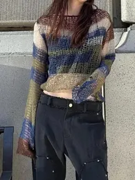 女性のセーターが苦しんでいるかぎ針編みのセーターグランジストライププリントルーズスモックカジュアルストリートウェアニットジャンパーファッションプルオーバー