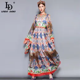 LD LINDA DELLA Fashion Runway Maxi Dress 5xl Plus Size Women's Loose Flare Sleeve Animal Pattern Floral Print Vintage Long DR199U