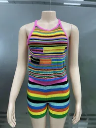 Women's Two Piece Pants 2023 Summer Two-Piece Set Casual Beach Party Color-Block Striped Vest Sleeveless Sweater Top And Colored Shorts