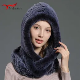 2021 fur hat ladies knitted scarf 100% real rex rabbit fur hooded scarf winter warm natural novel wool hat large female fur hat G0200W