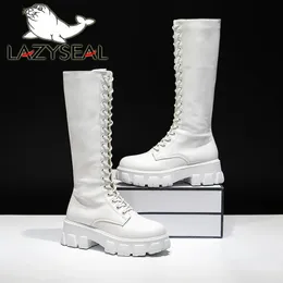 Boots LazySeal Winter Long Boot Shoes Women White Lace Up Zip Height Increasing Pu Leather Shoes Plush Botas Mujer Big Size 43 231007