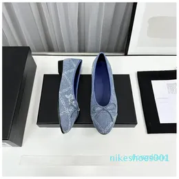 Designer Women Casual Shoes Print Denim Ballet Flats Genuine Leather Butterfly Knot Low Heels Loafers Runway Outfit Female Feetwear