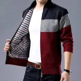 Suéter masculino homens cardigan outono inverno manter quente engrossar moda malha suéter casaco costura colorblock gola zíper casacos jaquetas 231007