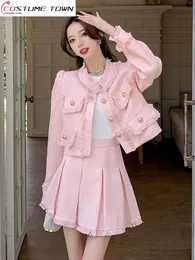 Платье из двух предметов, весенний облегающий пиджак с кружевными краями, блейзер, мини-плиссированная юбка, элегантный женский комплект, розовые наряды, одежда