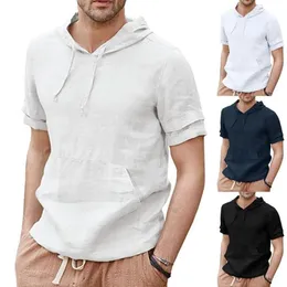 Men's T-Shirts Mens Hooded Tshirt Summer Linen Shirts Pullover Hoodie Casual Lightweight Short Sleeve T Tops Men Harajuku Cam233m