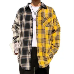 Korean Plaid Shirts For Men Fashion Patchwork Long Sleeve Casual Shirt Hip Hop Streetwear Man Blouse254E