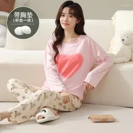 여자 잉글 린도그 큰 크기 m-4xl 여자 knited cotton pajamas 세트 가슴 패드 긴 소매 2 조각과 함께 귀여운 만화 파이 자마