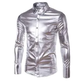 Camicie eleganti da uomo Camicia con rivestimento in pelle lucida argento oro Uomo Clubwear Moda manica lunga abbottonatura superiore stile punk Hip Hop 272I