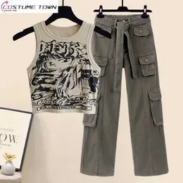 Women's Two Piece Pants Tank Top High Waist Casual Set Print New Korean Sexy Spicy Girl Cartoon Springsummer Style Age