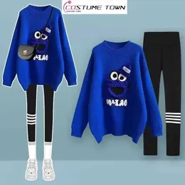 Women's Two Piece Pants Cartoon Knitted Long Sleeved Pullover Sweater with Buttocks Up and Bottomed Twopiece Thickened Set Winter Outfits