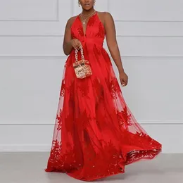 Casual Dresses Plus Size 4XL 5XL Red Dress Spaghetti Strap V Neck Backless High Waisted Floor Length Embroidery Elegant Evening Pa288d