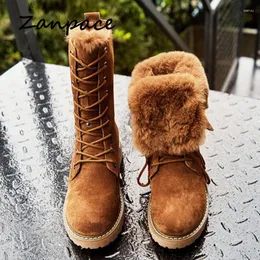 Boots ZANPACE 2023 Winter Platform Women Leather Fur Warm Plush Snow Round Toe Lace-Up Shoes