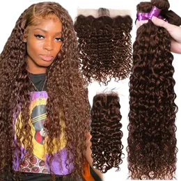 Synthetic s 4 Colored Water Wave Human Hair Bundles With Clre Peruvian Virgin Weave with Frontal HD Lace and Bundle 231007