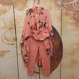 Kvinnors tvåbitar byxor Kvinnor passar Etniskt blommigt tryck Boho bomullslinne Set Skjortor Set Summer Baggy Loose Short Sleeve Female Outfits