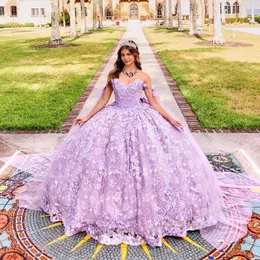 Leylak mor quinceanera elbiseler tatlı prenses aplike dantel ile cape balo elbisesi doğum günü partisi önlükleri cape vestidos de 15 quinceanera