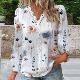 Camicette da donna Camicia stampata top da donna super morbida Camicetta elegante patchwork in pizzo con scollo a V Stampa floreale traspirante per la moda autunnale